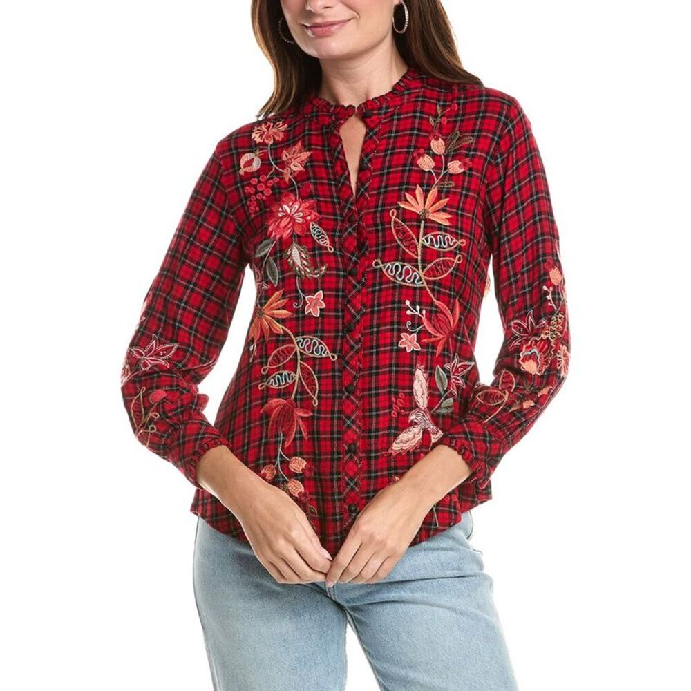 Johnny Was Womens Petite Ruffle Collar Blouse, Red
